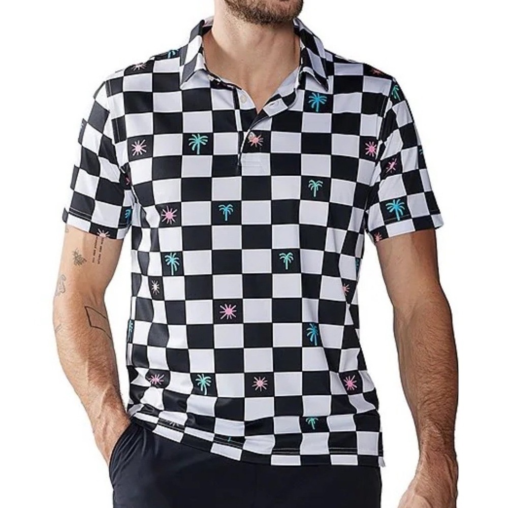 Chubbies Mens Check Me Out Performance Polo 2.0 Checkered Palm Tree L D2